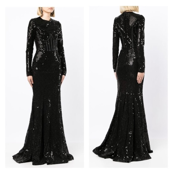 DOLCE & GABBANA dress maxi gown black sequin formal bodice IT 44 US 8 RARE NWT